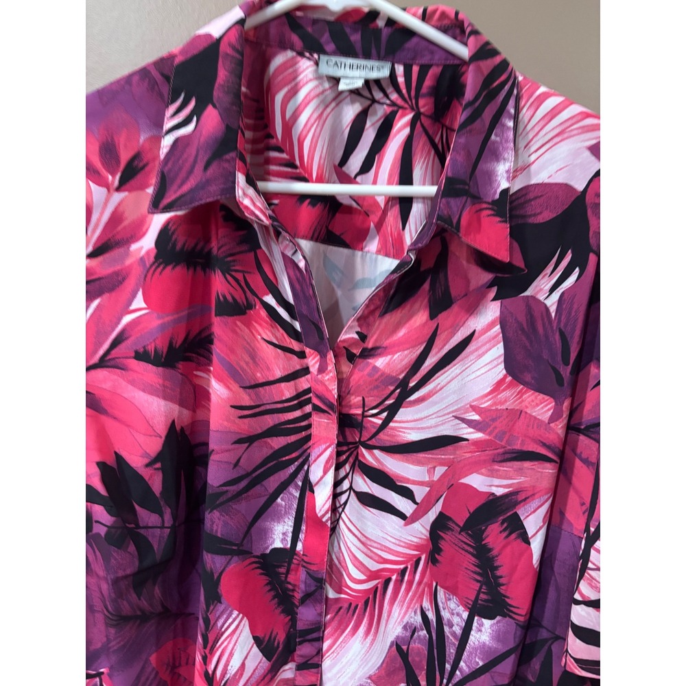 Catherines Womens 2X Tropical Palm Leaf Button Front Blouse Pink Purple Black - Picture 2 of 5